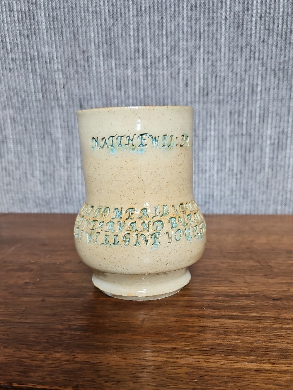 Handmade Beige Ceramic Vase with Teal Lettering